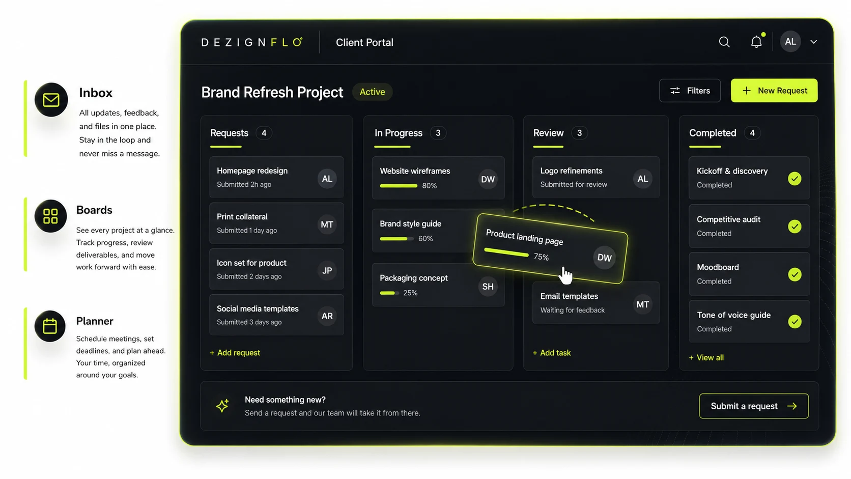 DezignFlo client portal showing inbox, project boards, planning and request progress