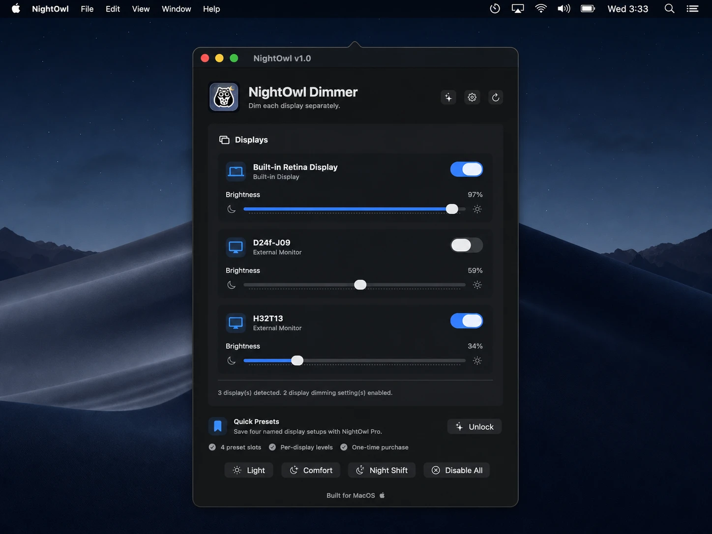 NightOwl display dimming application floating over a nighttime Mac desktop