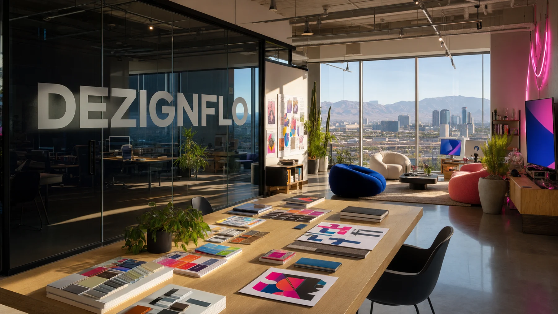 A colorful professional DezignFlo creative studio in Las Vegas with the brand name on a glass wall